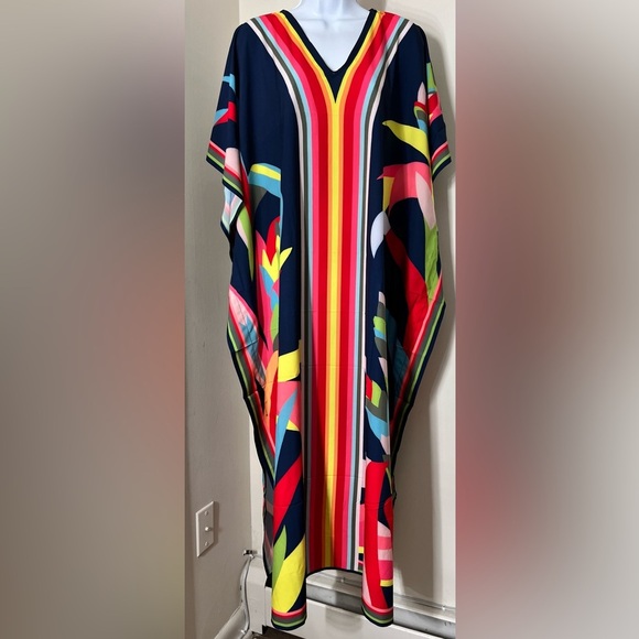 Boho V Neck Multicolor Maxi Kaftan Cover Up Dress - Picture 2 of 12